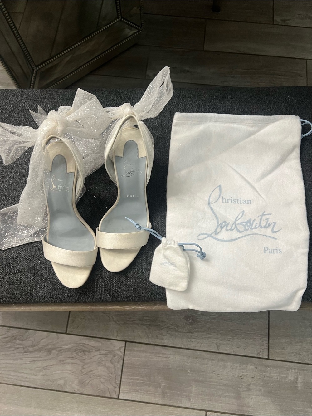 Christian Louboutin ivory white Satin Ankle-Tie Open-Toe Heels